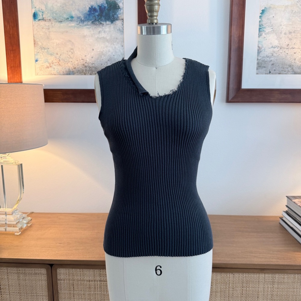 Charcoal Gray Ribbed Knit Tank Top Asymmetrical Fringed Neckline 100% Cotton